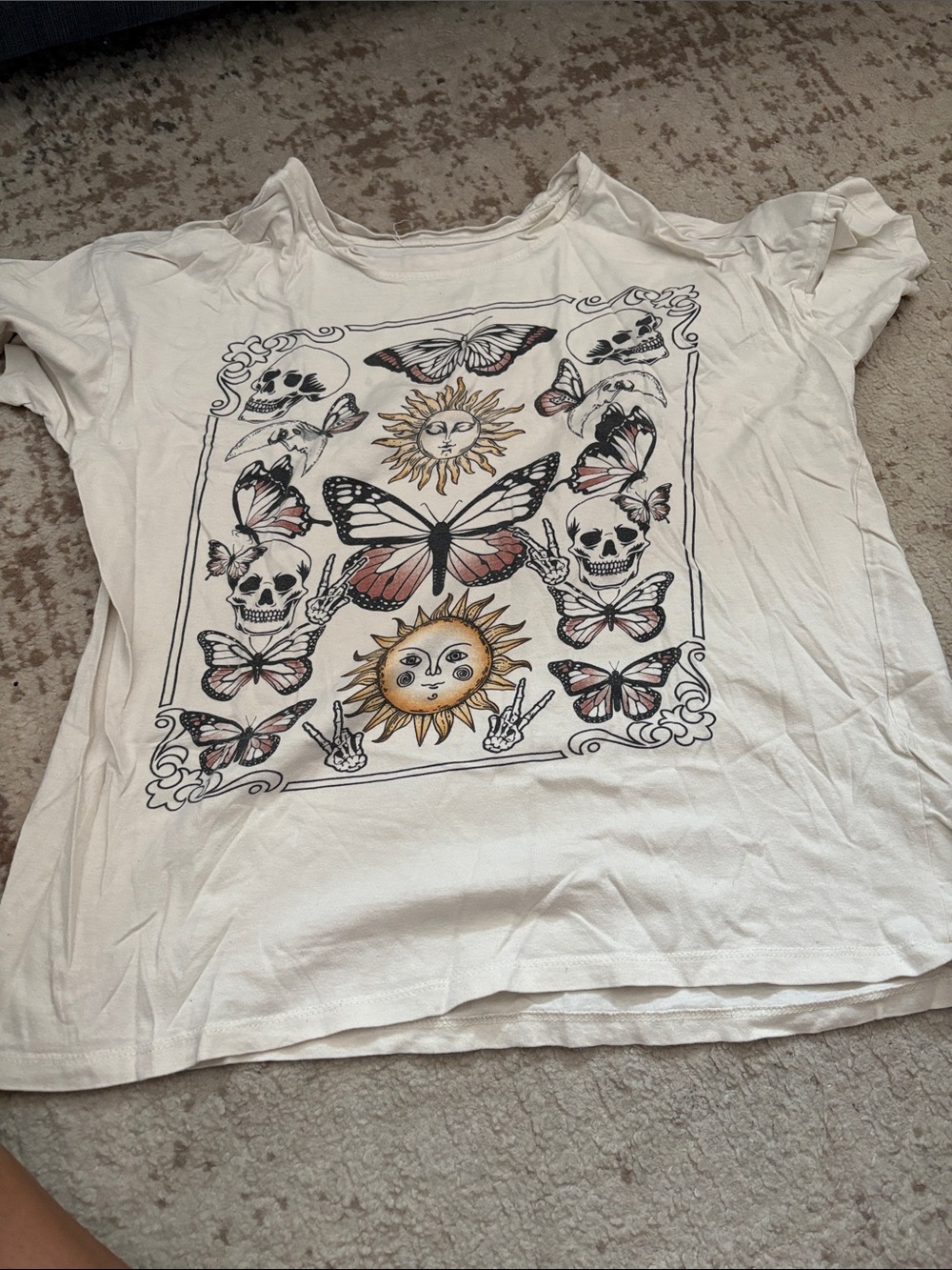 Women’s White Graphic Butterfly & Sun T-Shirt